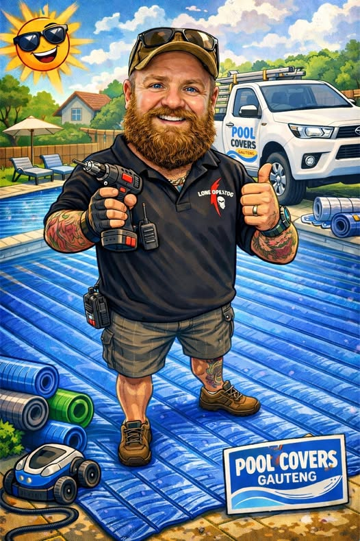 Poolcovers Gauteng illustration showing installer with pool cover, company vehicle, and branding